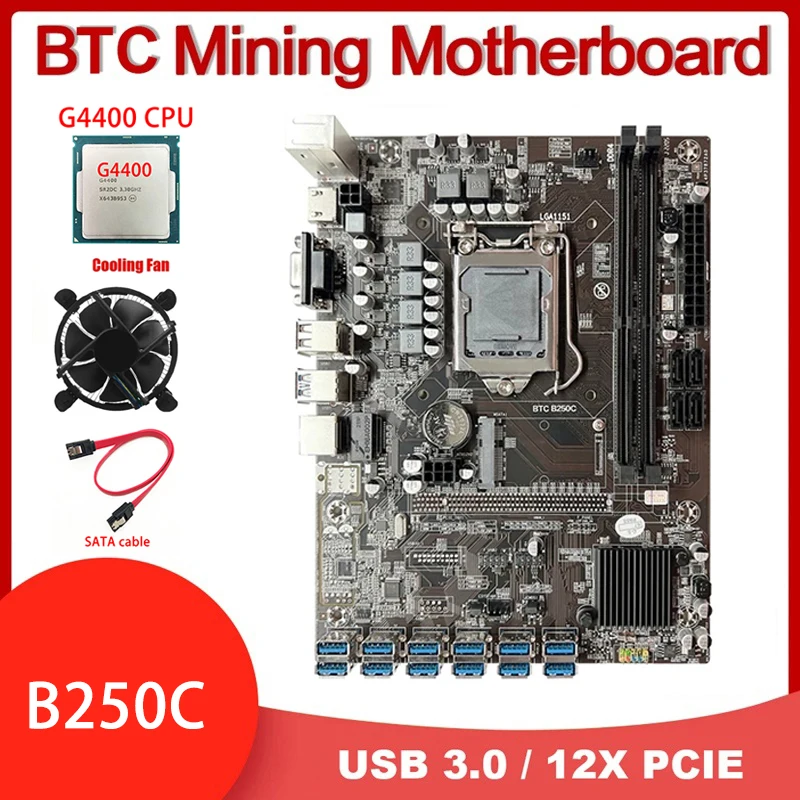 

Материнская плата B250C 12USB3.0 (PCIE1X) для майнинга BTC + процессор G4400 + вентилятор ЦП + SATA кабель LGA1151 DDR4 слот SATA3.0 MSATA + VGA ETH Miner