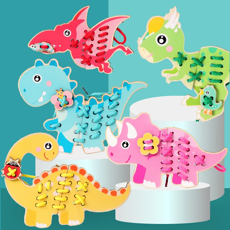 

Interesting Dinosaur Threading Game Children's Puzzle Cartoon Animal Matching Fine Action Training Wooden Toys