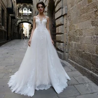 a line wedding dresses with detachable train lace appliques tulle boho bridal gowns 2022 button illusion vestido de noiva