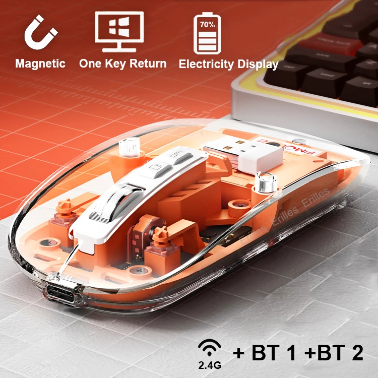 

Прозрачная Магнитная беспроводная мышь с тройным режимом, совместимая с Bluetooth, 2,4G, Настольная Бесшумная мышь с одним нажатием, Type-C, перезаряжаемая Бесшумная мышь