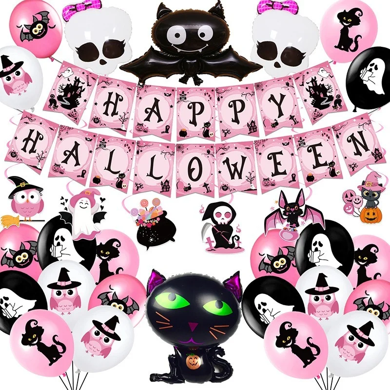 

Pink Halloween Theme Party Skull Balloons Black Cat Banner Pull Flag Festive Supplies Spiral Set Decoration