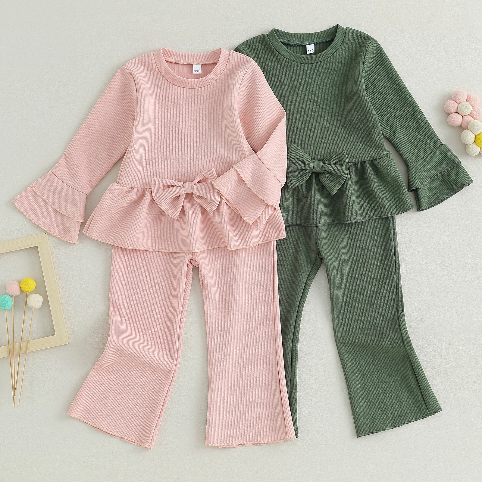 

3-6Y Toddler Kids Girls Fall 2PCS Outfits Casual Long Sleeve Bow Decor A-line Tops + Solid Color Flared Pants Sets for Girls