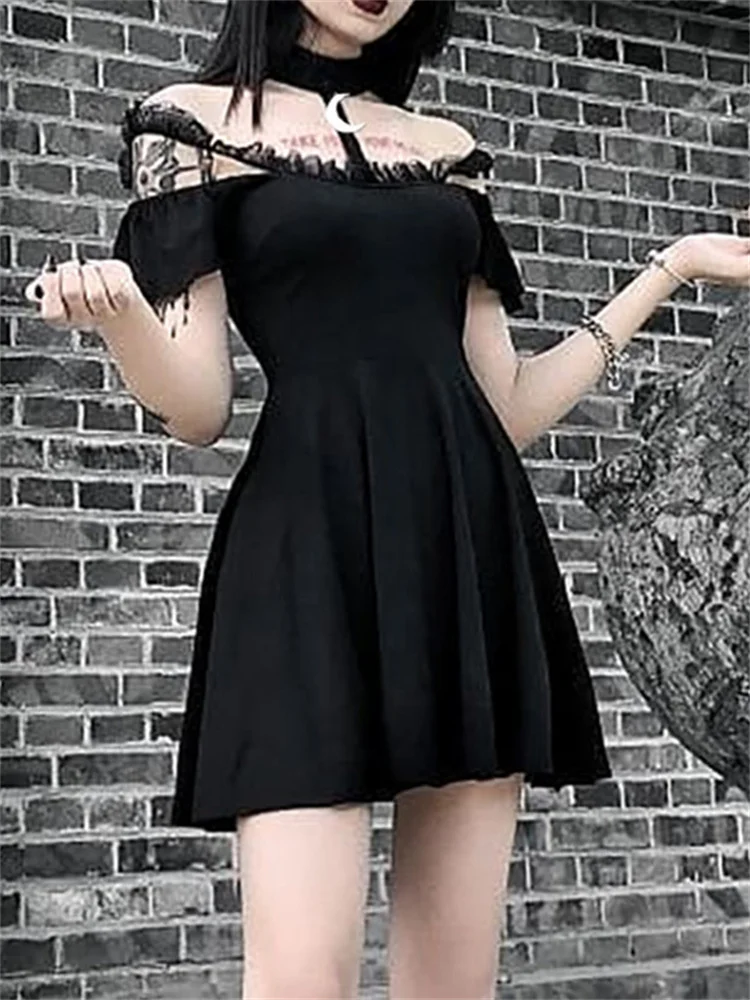 

Женское платье с лямкой на шее, черное винтажное платье в стиле Харадзюку с высокой талией, Элегантное летнее платье мини в стиле панк, 2019