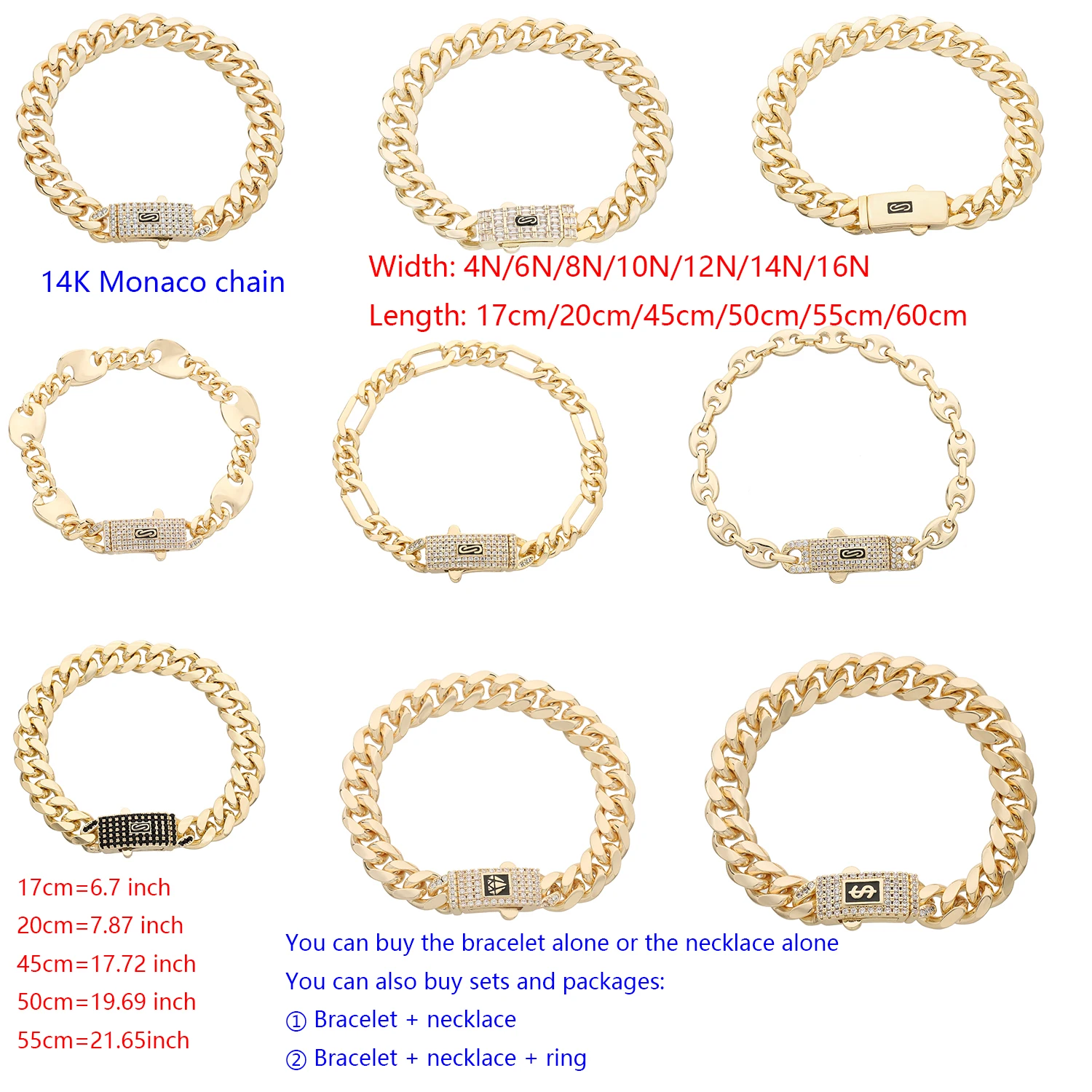 14K Monaco new chain for men and women brass cubic zirconia fashionable bracelet
