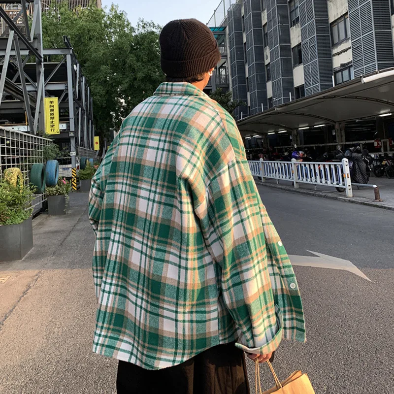 

Male Casual Woolen Korean Long Fashion Blouses Plaid Unisex Sleeve Shirt Privathinker Thickened Green Men's Coat Clothing Loose