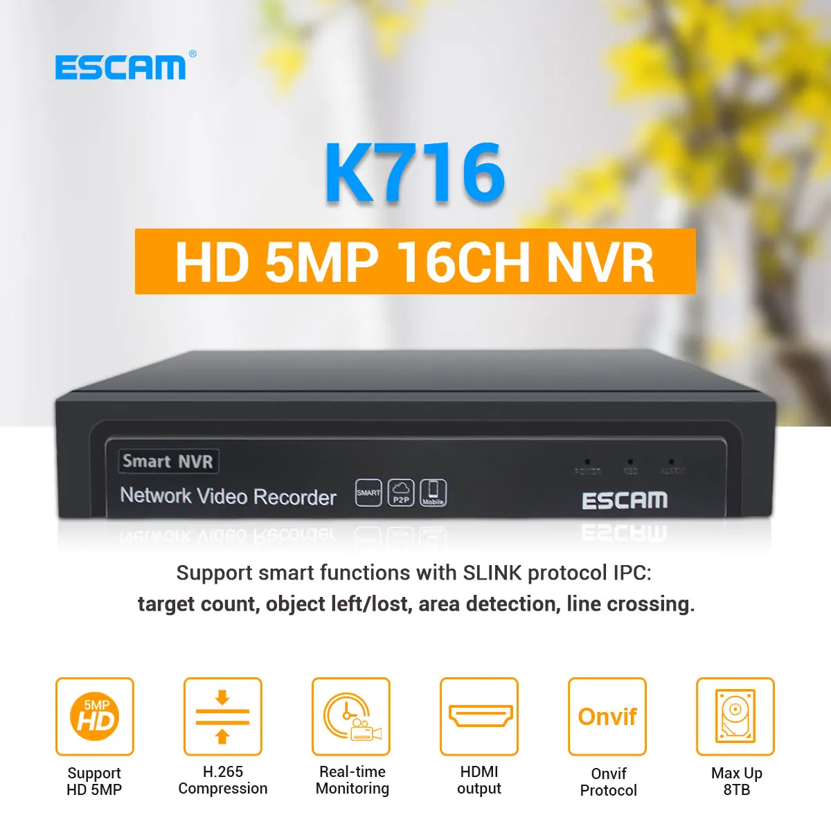 

Камера видеонаблюдения ESCAM K716, 4 к, 16 каналов, 5 МП, NVR, H.265, ONVIF, 8 ТБ