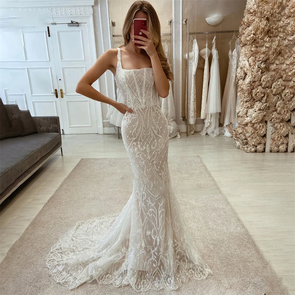 

Lace Wedding Dress For Bride 2022 Square Collar Spaghetti Straps Vintage Bridal Gowns Boho Mermaid Vestido De Noiva Custom Made
