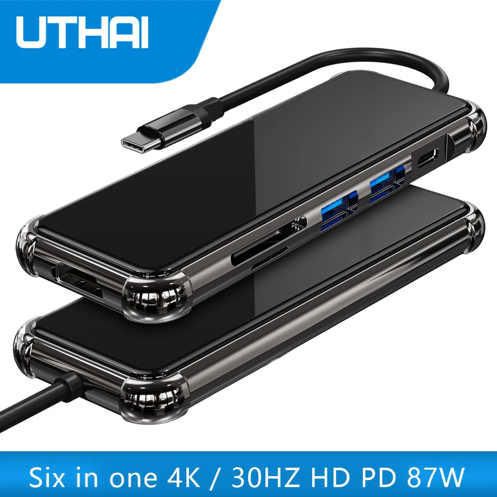 

C47 совместимый адаптер преобразователя 4K SD TF для док-станции Macbook Pro 6-в-1, Type-C в HDMI + USB3.0 + USB2.0 + SD/TF + PD