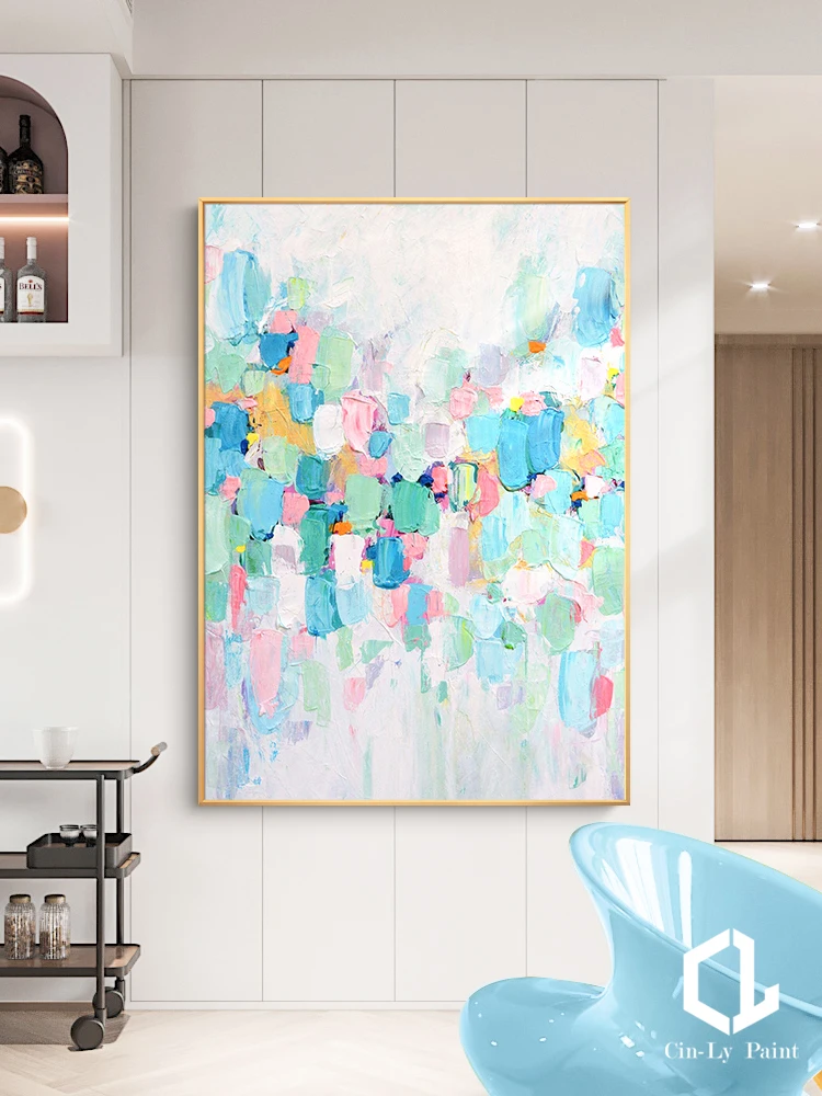 

Handmade Abstract Pink Dots Knife Thick Textured Oil Painting On Canvas Modern Wall Art For Girls Living Room Lobby Decor Poster