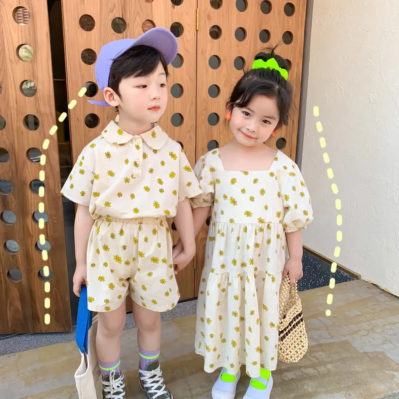 

RiniLucia Brother and Sister Kids 2022 Summer Boys Lapel Shorts Suit Girls Round Neck Floral Dress Pure Cotton Floral Skirt