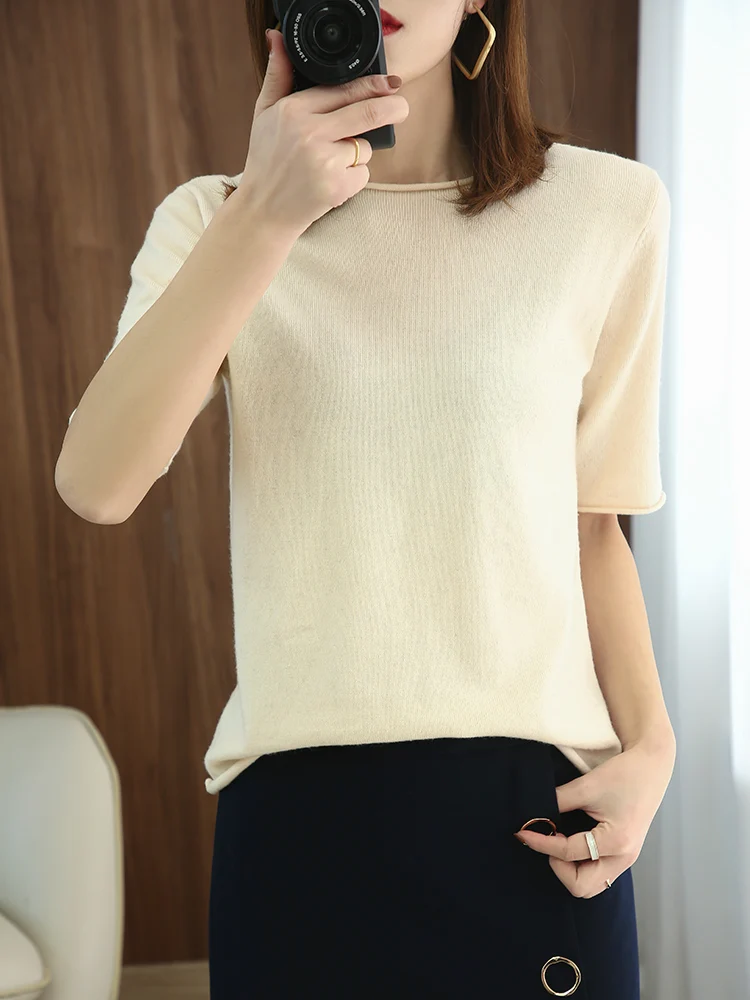 New Short-Sleeved Core Yarn Women's Round Neck Loose Pullover Knitted Sweater Half-Sleeved All-Match Bottoming Hirt