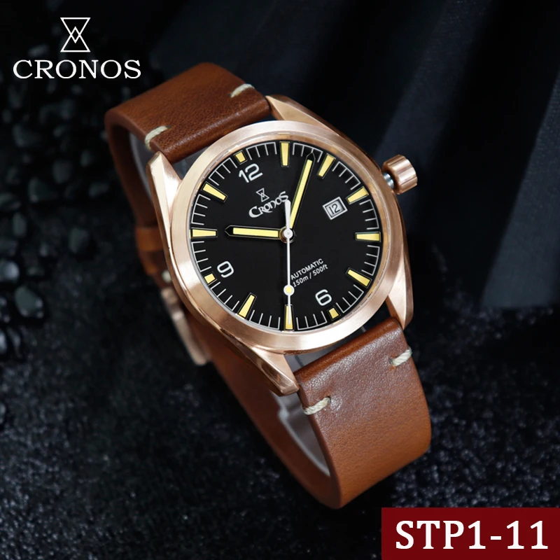 

Cronos Men Automatic Watch CuSn8 Bronze STP1-11 Swiss Movement Sapphire Crystal Mechanical Dive 150M Wristwatches