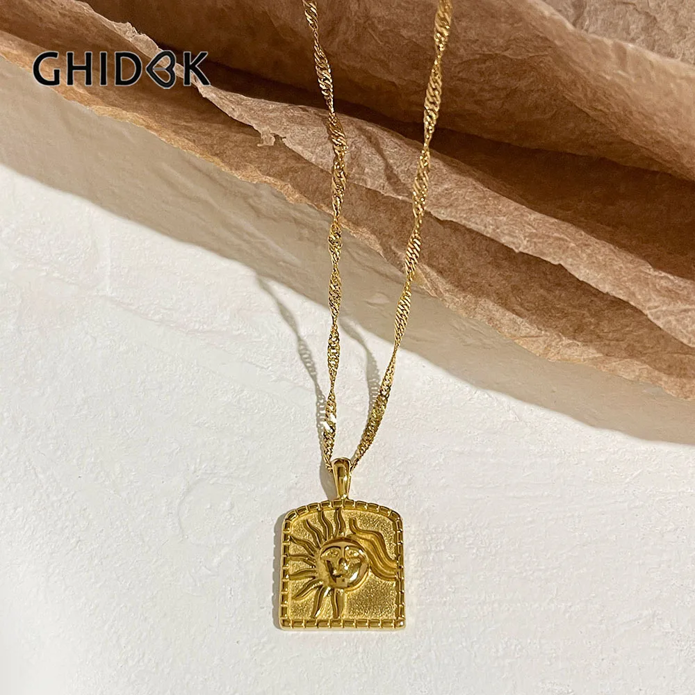 

Ghidbk Titanium Steel Water Wave Chain Vintage Textured Square Sun Embossed Pendant Necklace for Women Boho Layering Jewelry