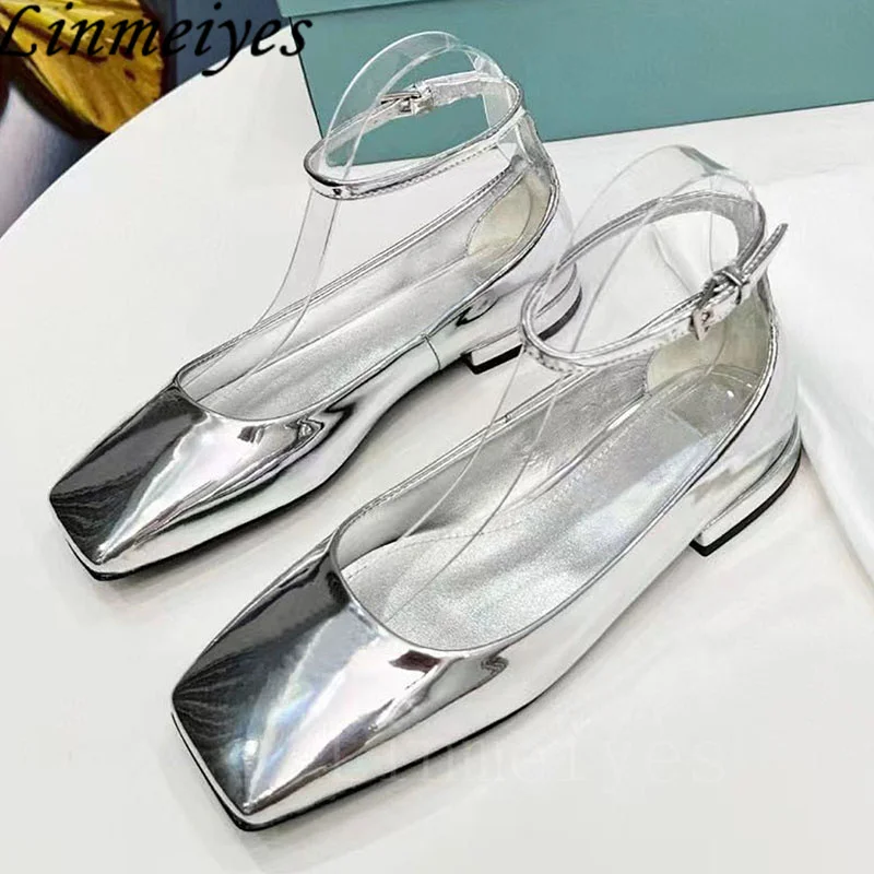 Square Toe Flat Shoes Woman Patent Leather Ankle Buckle Strap Loafers Ladies Fashion Comfort Walk Shoes Runway Shoes For Women