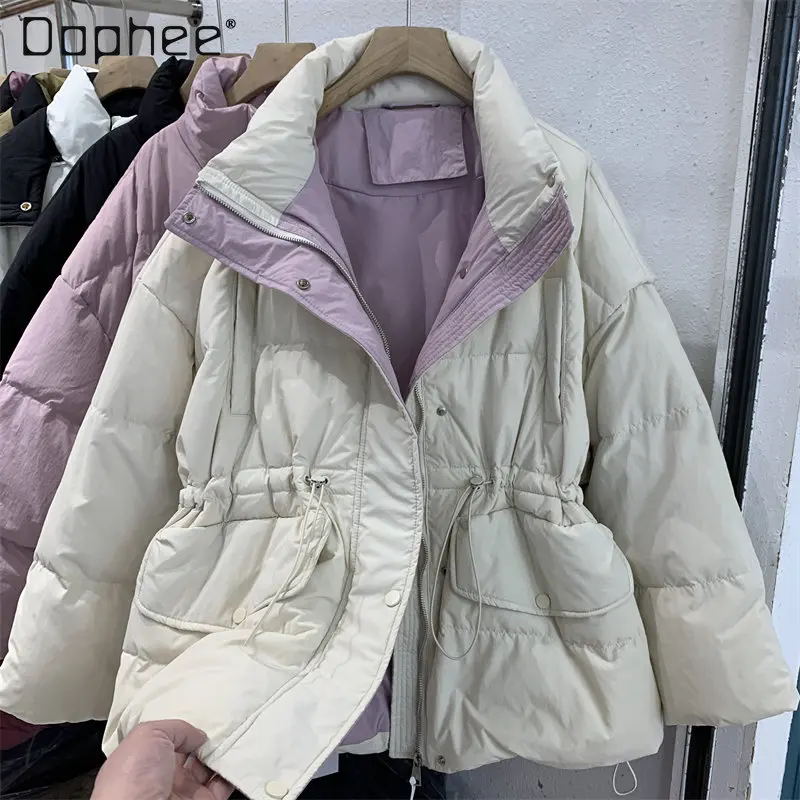 Woman's Thickened Winter Coat Women's Korean Style Stand Collar Solid Color Mid-Length Waist Slimming Eiderdown Jacket Outerwear