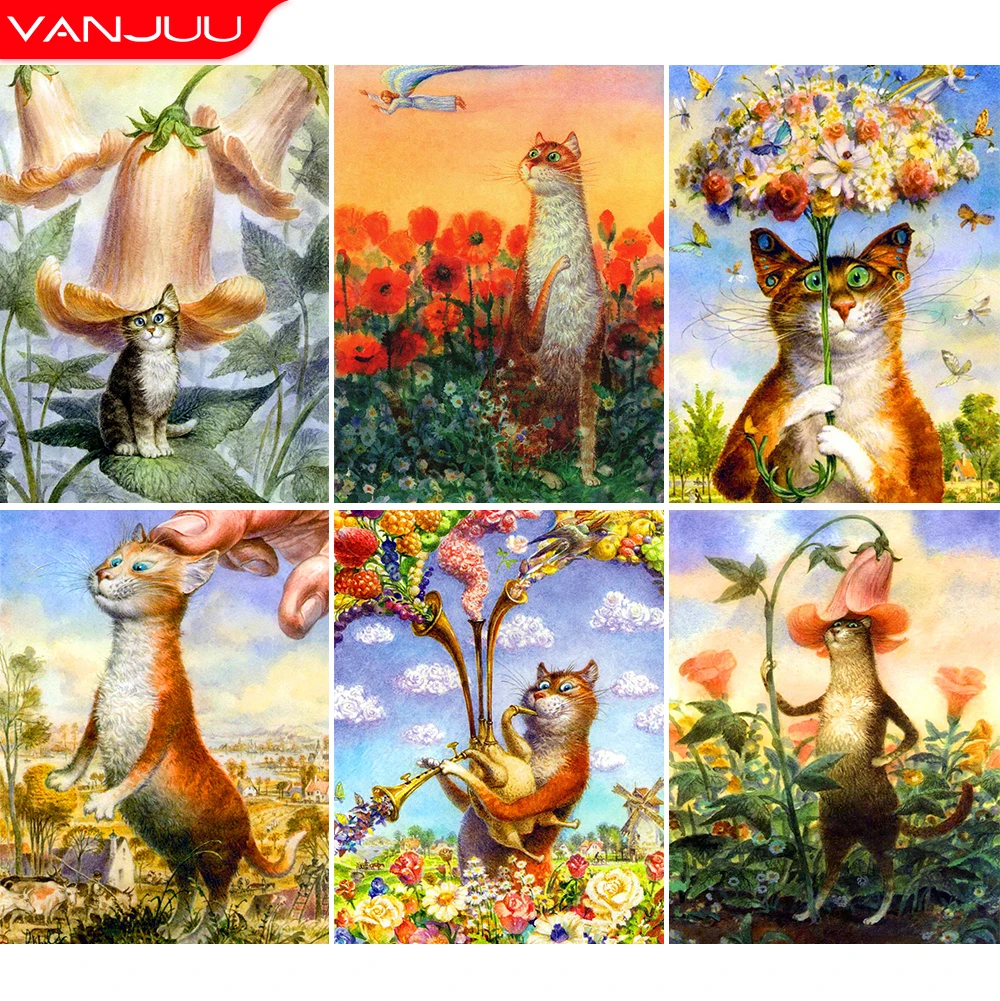 

5D Diamond Painting Funny Cat Diamond Embroidery Cartoon Animal Flower DIY Full Square/Round Diamond Handicraft Home Decor Gift