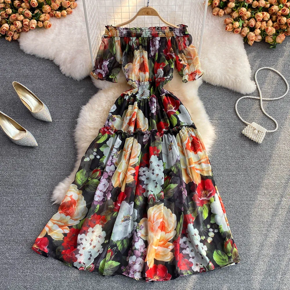 

SuperAen 2022 Summer Holiday Beach Big Swing A Line Printed Off-the-shoulder Slash Neck High Waist Chiffon Woman Dress