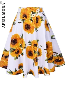 Белый Подсолнух хлопок Повседневная миди расклешенная юбка 50s Высокая талия Ретро Винтажные женские качели Pinup юбки халат De коктейльный Сарафан
