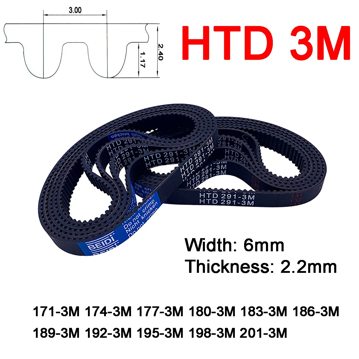 1Pc Width 6mm 3M Rubber Arc Tooth Timing Belt Pitch Length 171 174 177 180 183 186 189 192 195 198 201mm Synchronous Belt Closed