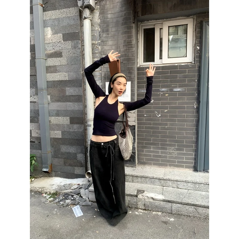 Lonslan 2024 осенний новый дизайн облегающий топ с бретелькой на шее + нарукавники