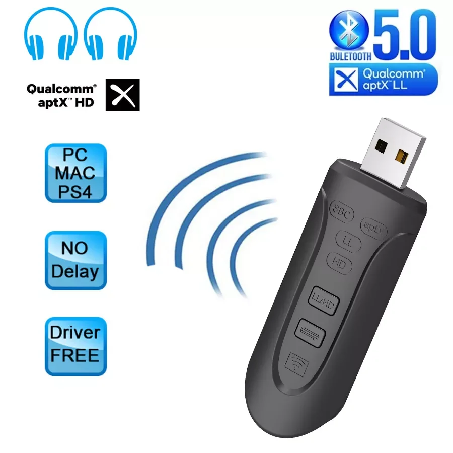 

CSR8675 aptX HD/LL USB Bluetooth 5.0 Adapter for PC 3.5mm 3.5 AUX Wireless Audio Transmitter for PS4 TV Desktop Laptop two Link