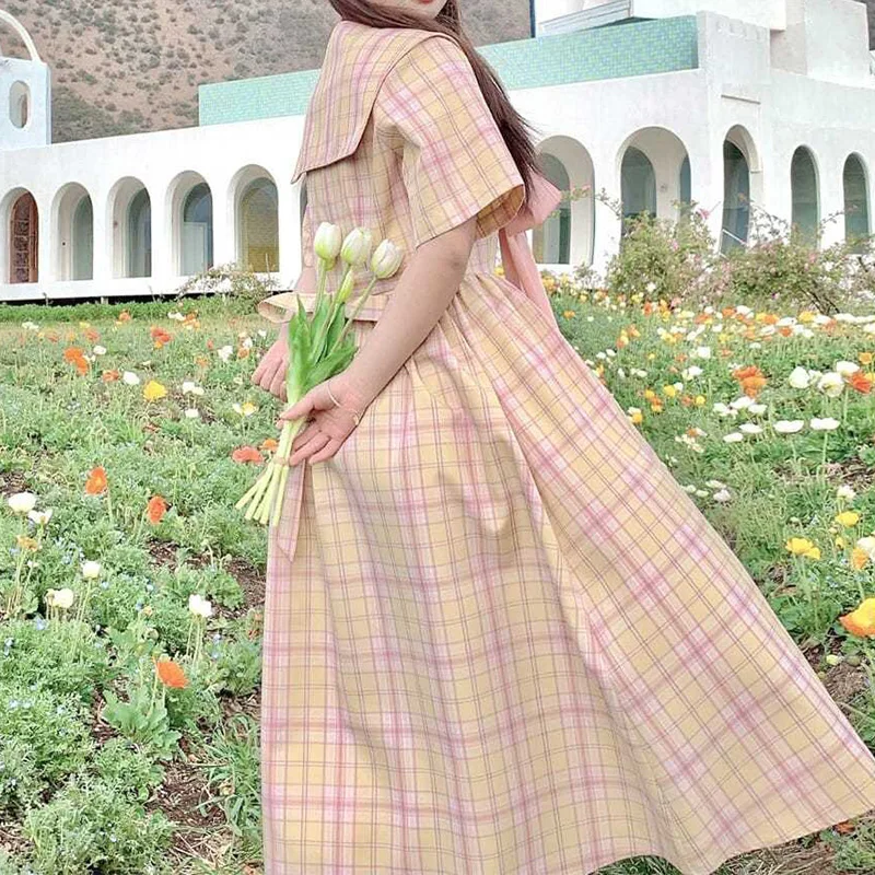 Preppy Style Sailor Collar Plaid Printing Short Sleeve Lacing Bow Macaron Tone Summer Clothes for Women Plus Size A-line Dresses