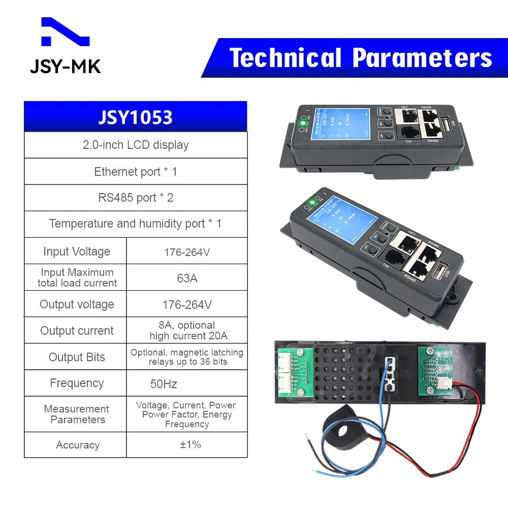 Фото JSY1053 Однофазный интеллектуальный IP-измеритель PDU с портами температуры и влажности 63A 220 В Ethernet RS485 №2