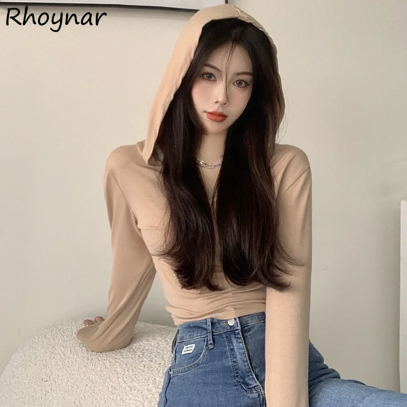 

Long Sleeve T-shirts Women 5 Colors Elegant Cozy Hooded Autumn Basic New Slender Crop Tops Fashion Design All-match Aesthetic