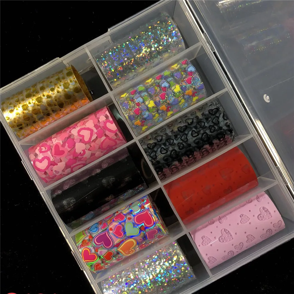 

Wholesale 10PCs/Box Nail Foils Transfer Rolls 100*4cm Love Heart Flower Fish Fruit Manicure Decoration Stickers Nails Art Decals
