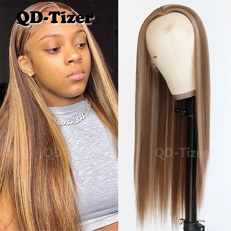 QD-Tizer Ombre Highlight Synthetic Lace Front Wigs SIlky Straight Light Brown Highlight Blonde Heat Resistant Lace Front Wig