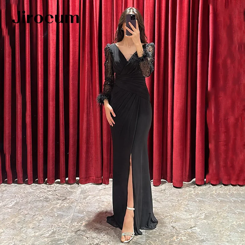 

Jirocum Sparkly Beaded Evening Gown V Neck Long Sleeve Dinner Party Evening Gowns Floor Length Feather Cocktail Dresses 2024 New