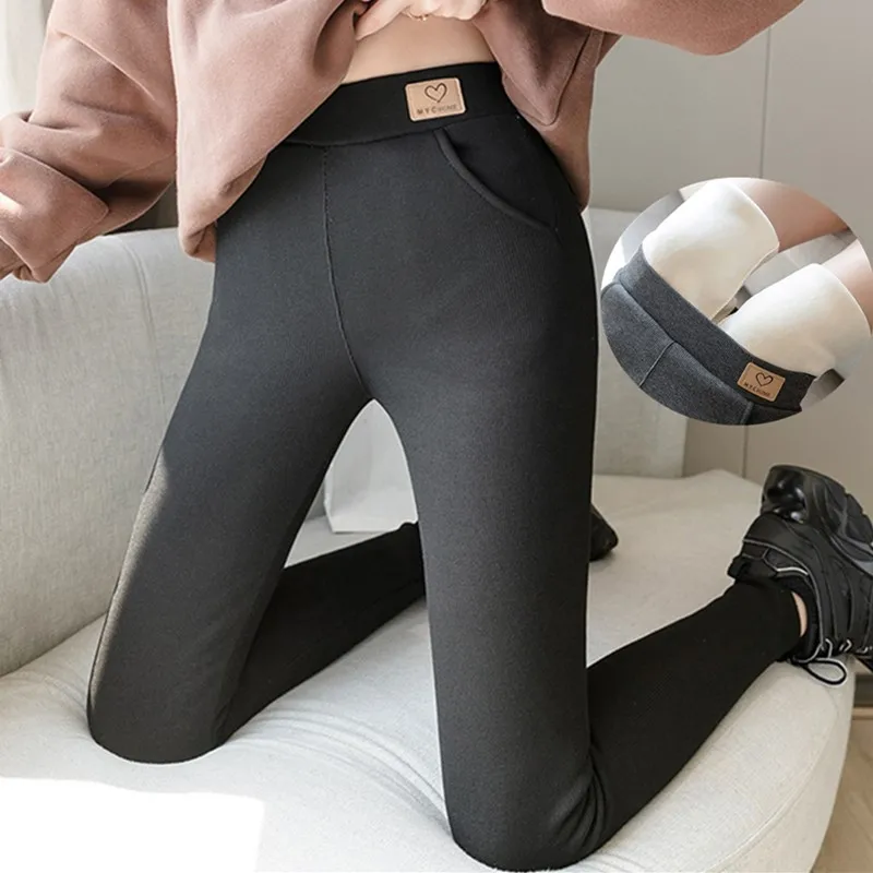 

Winter Womens Thicken Lambswool Leggings Fleece Lined Ankle-length Pants Casual Warm Leggings Trousers High Waist Pantalon New