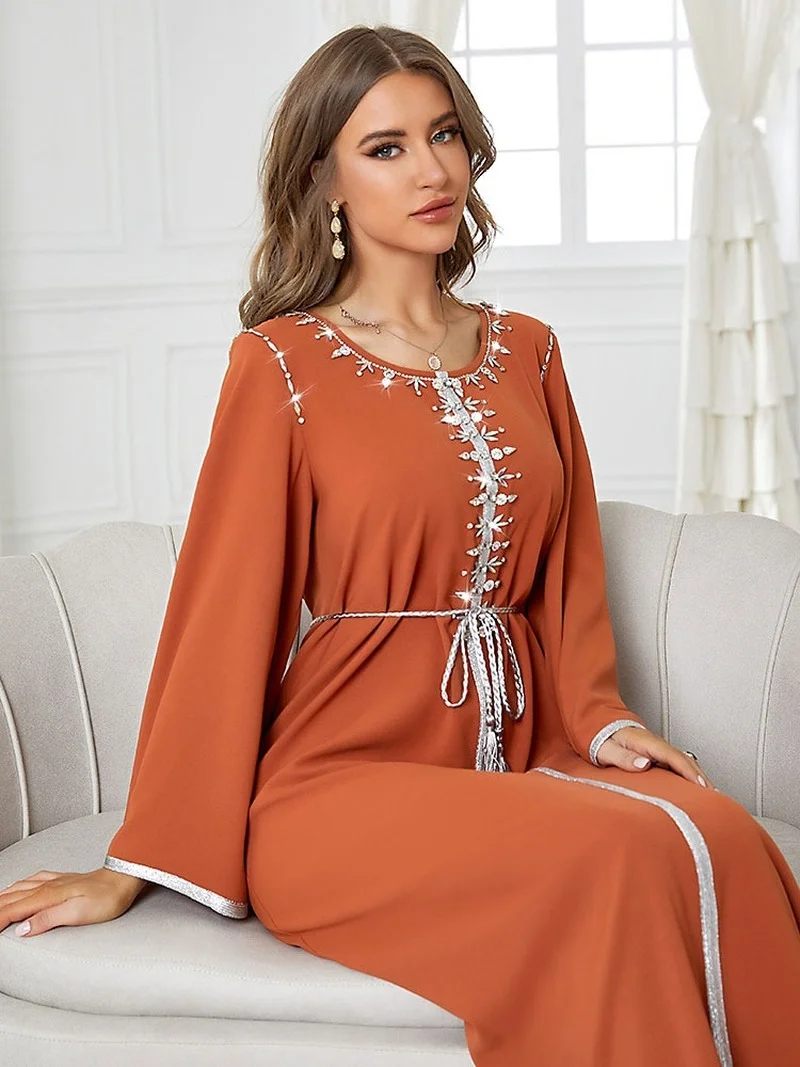 Kaftan Arabic Long Dress Women Hand Sew Rhinestone Muslim Moroccan Party Caftan Saudi Gulf Jalabiya Ramadan Dubai Abaya Orange