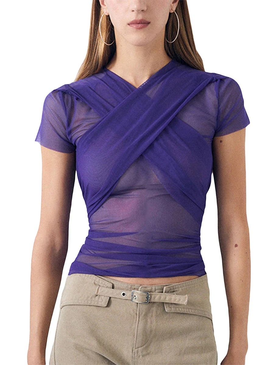 

Women's Lace See Through Cross Mesh Tops Sexy Hollow Out Short Sleeve Solid Color SlimFitted Tee Streetwear