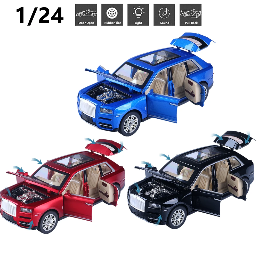 

1/24 Pull Back Diecast Model Car Toy Vehicle Kids Gift Collection Display with Sound&Light Doors Engine Cover Lid Openable