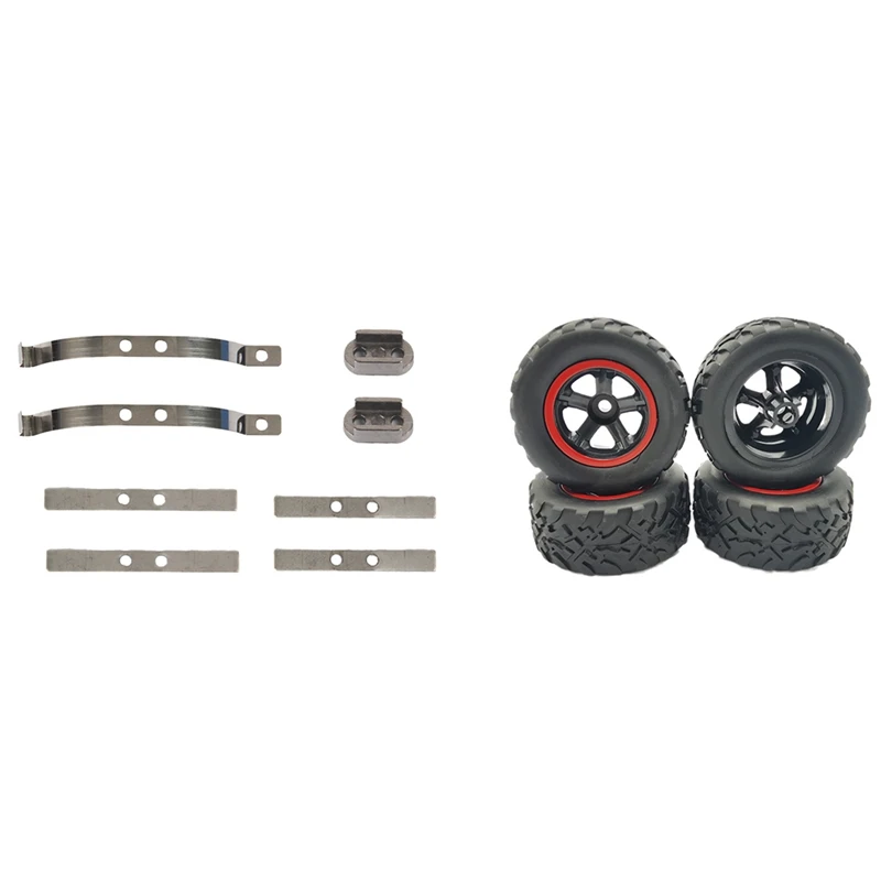 

2 комплекта радиоуправляемых запчастей для автомобиля: 1 комплект резиновых шин и 1 комплект стальных амортизационных листовых пружин подве...