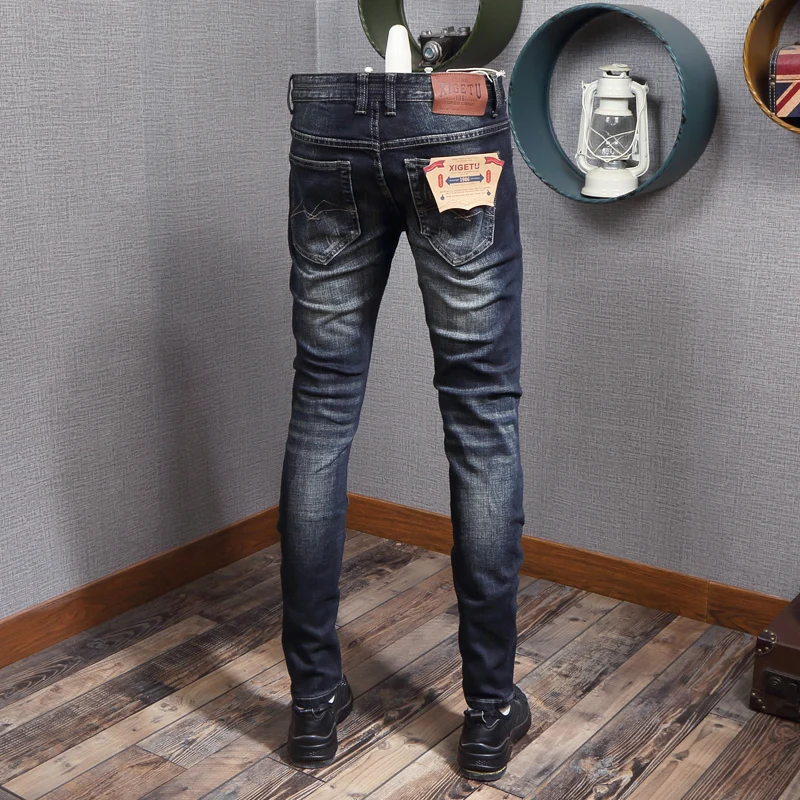 Fashion Designer Men Jeans High Quality Retro Black Blue Stretch Slim Fit Ripped Jeans Men Vintage Casual Denim Pants Hombre