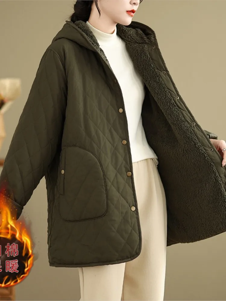 Зимнее стеганое хлопковое пальто женские повседневные модные клетчатые куртки с