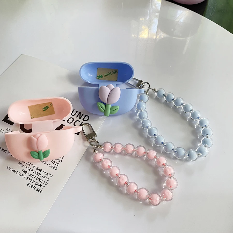 

Cute Case for OPPO Enco X / X2 Case Tulips / Daisy Flower Earphone Silicone Cover for oppo Enco X2 Case with Keychain Lanyard