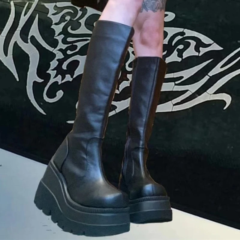 

Черные женские ботинки на платформе с круглым носком, осень 2023, ботинки на танкетке со шнуровкой и молнией, женские мотоциклетные ботинки в стиле панк, женская обувь