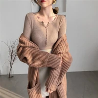2022 spring autumn new women sweaters japanese sweet top candy pullovers o neck puff sleeve single breasted rib knit cardigan