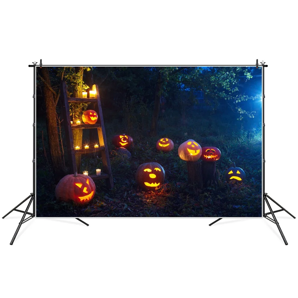 

Pumpkin Lantern Halloween Photography Backgrounds Custom Night Garden Ladder Candles Baby Party Decoration Photo Backdrops Props