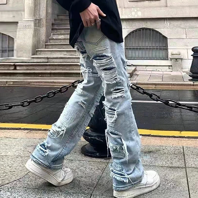Mens Jeans Streetwear Distressed Casual Baggy Denim Trousers Harajuku Straight Vibe Style Loose Pants Ripped Hole Retro Washed