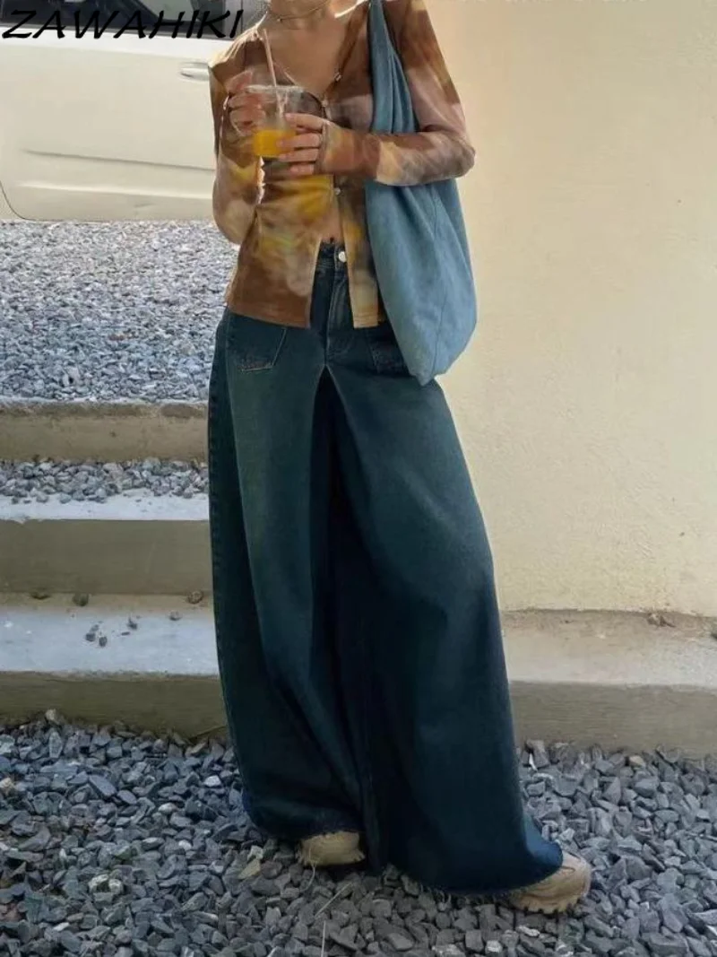 

Women Loose Wide Leg Denim Pants Y2K Vintage High Waist Cuffs Joggers Pants Casual Solid Hippie Streetwear Baggy Trousers