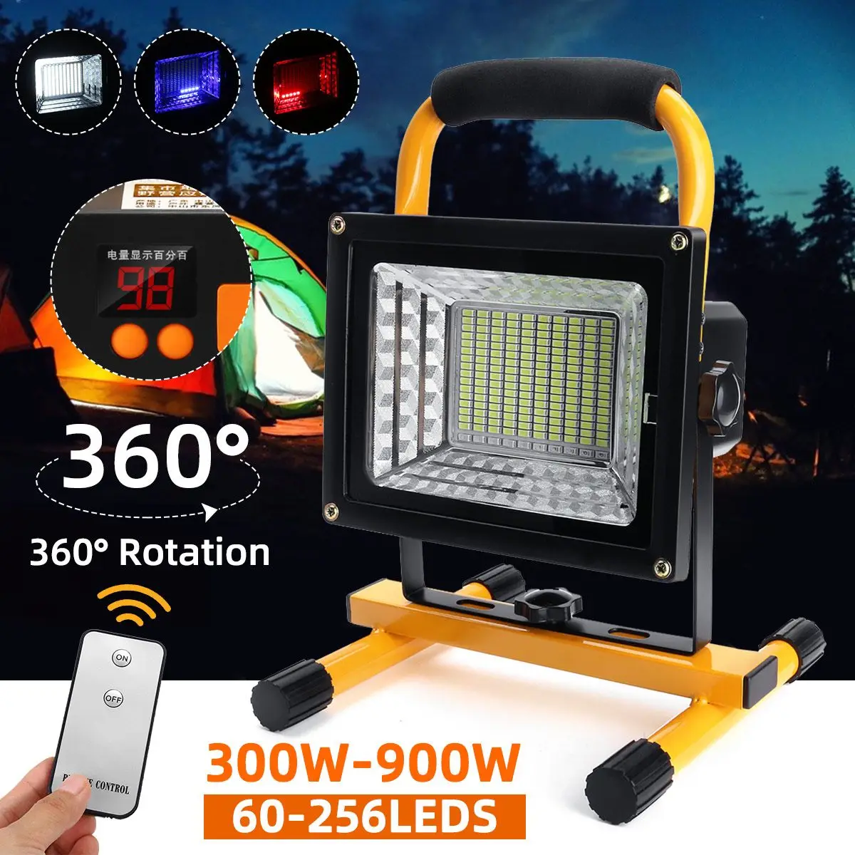 

300W-900W LED Floodlight Portable Rechargeable Waterproof Spotlight Battery Powered Digital Searchlight Outdoor Camping Lamp