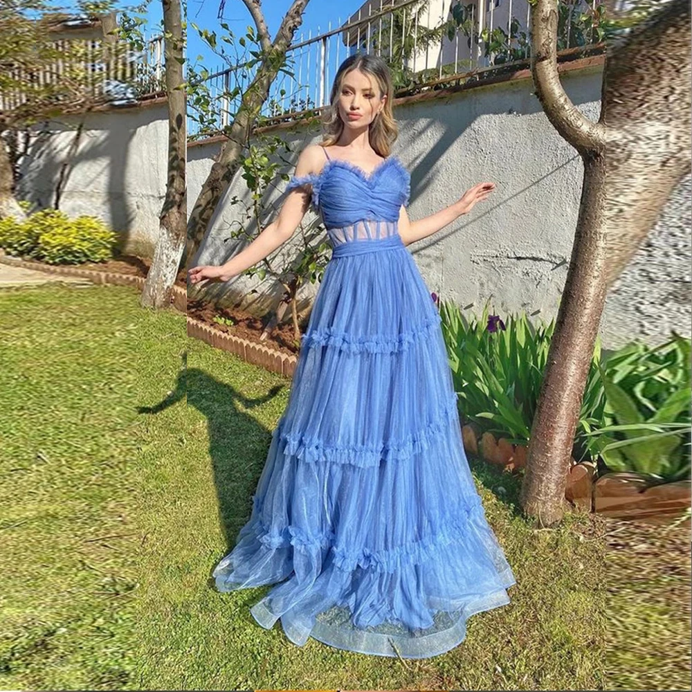 

GUXQD Sweetheart Tulle A Line Evening Dress Spaghetti Ruffles Floor Length Special Occasion Arabia Women Dress Party Gown Tiered