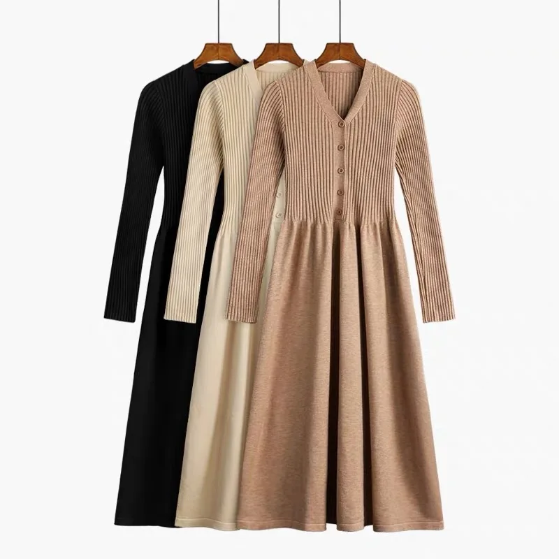 

Autumn Winter Knit Long Dress Women Casual V-Neck Slim Bodycon robe Sweater Dresses Office Lady THICK MAIX Dress