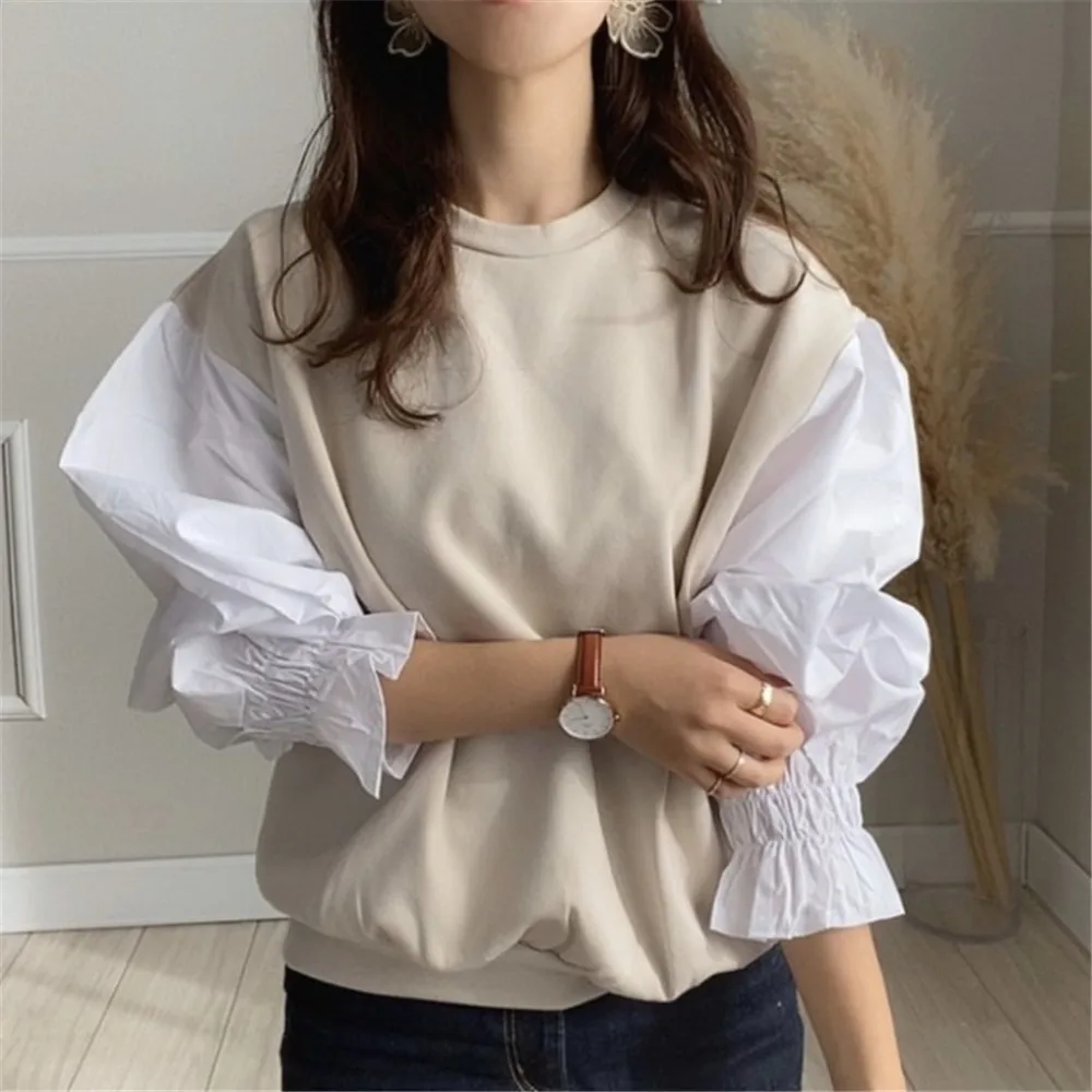 

Women Hoodies All-match Round Neck Casual Top Shirt Lantern Sleeve Stitching Bottoming Sweater Trendy Japan Korean Ladies Tops
