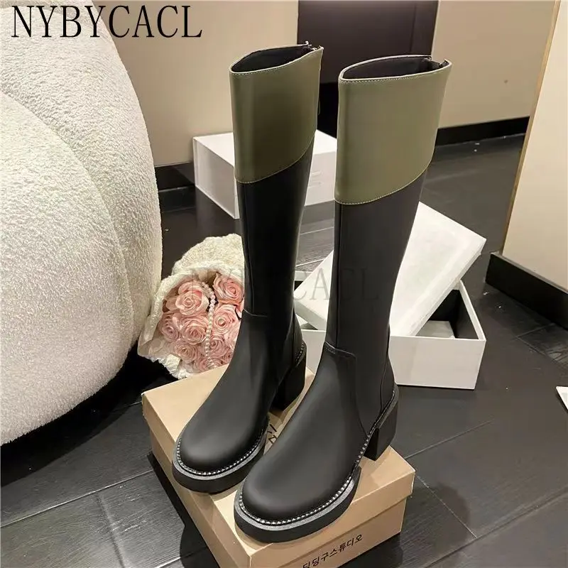 Fall Winter Women's Long Boots Leather Zip Shoes For Women Square Heel Female Fashion Platform High Heeled Botas Mujer New 2023