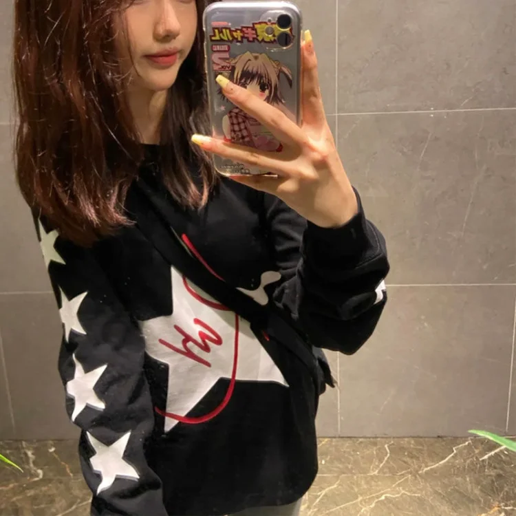 

American Vintage Star Print T-shirts High Street Long Sleeve Screw Thread Tee Shirt Spring New O-neck Loose Couple Tops Women